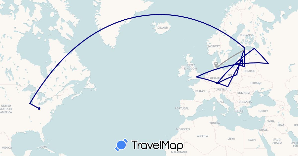 TravelMap itinerary: driving, plane in Austria, Germany, Estonia, Finland, United Kingdom, Lithuania, Latvia, Poland, Russia, United States (Europe, North America)